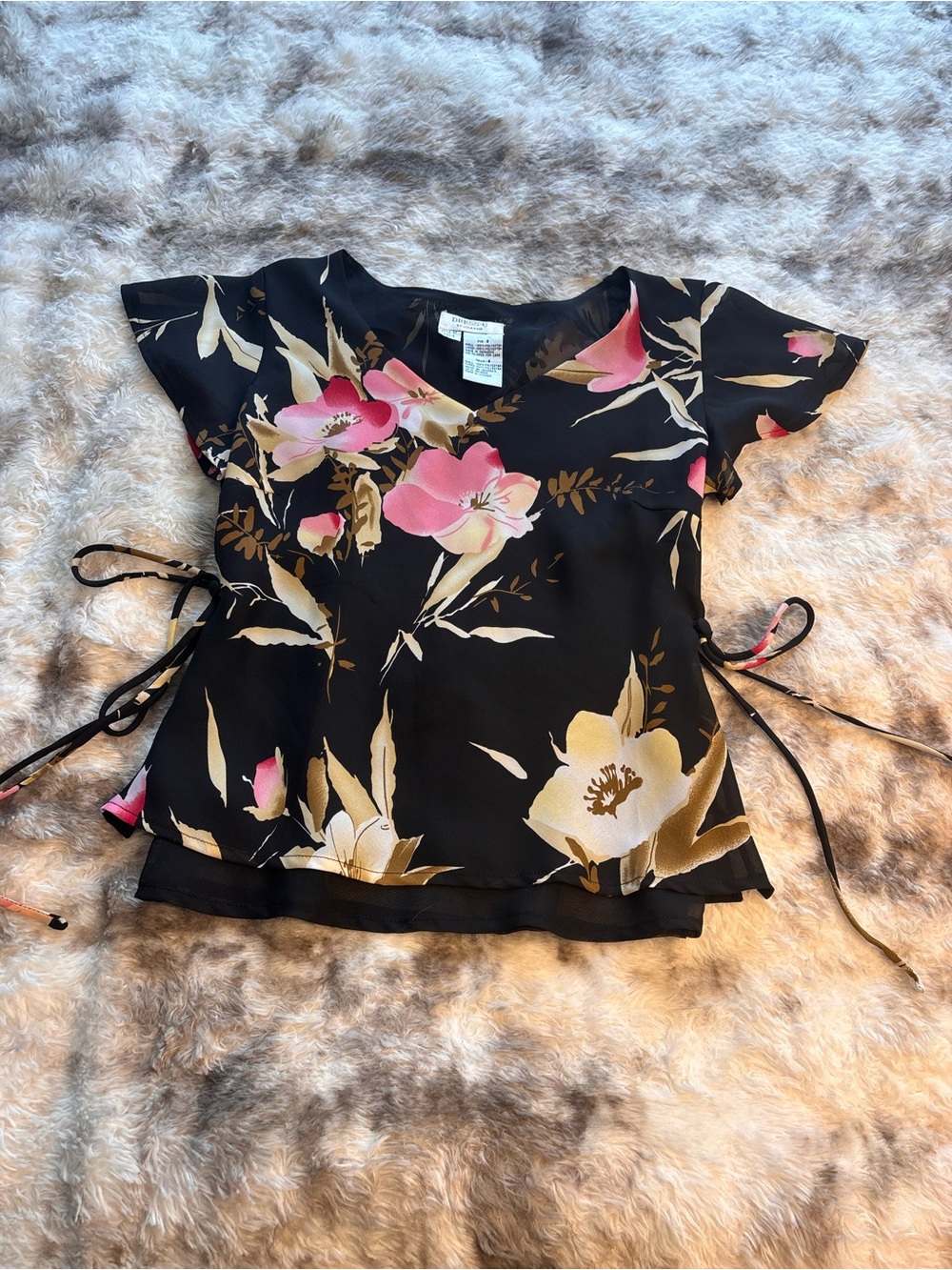 Vintage Y2K Black Floral V-Neck Side-Tie Blouse - Pink & Cream Flowers